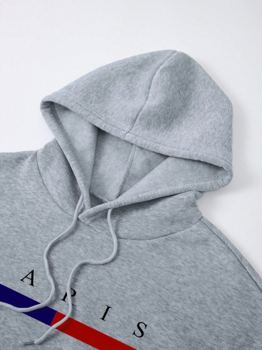 Men's Letter Printed Drawstring Hooded Fleece Sweatshirt