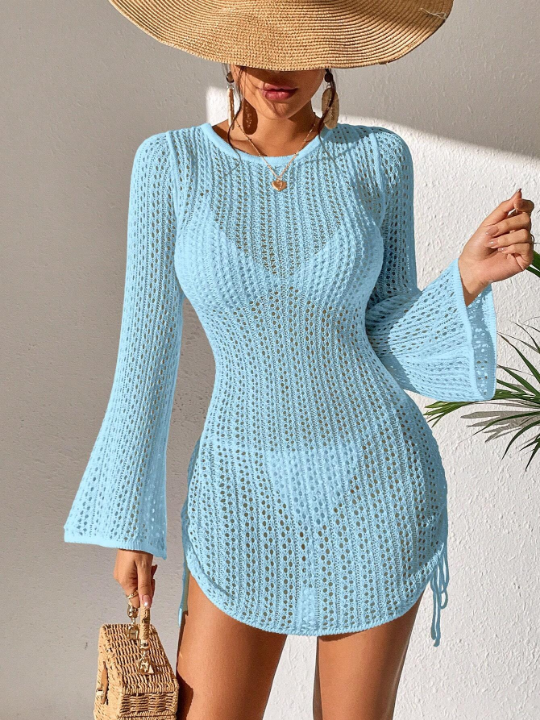 Swim BohoFeel 1pc Backless Drawstring Side Hollow Out Knitted Cover Up Dress With Flare Sleeve