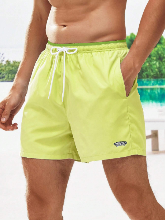 Manfinity Swimmode Men Letter Patched Detail Drawstring Waist Swim Trunks