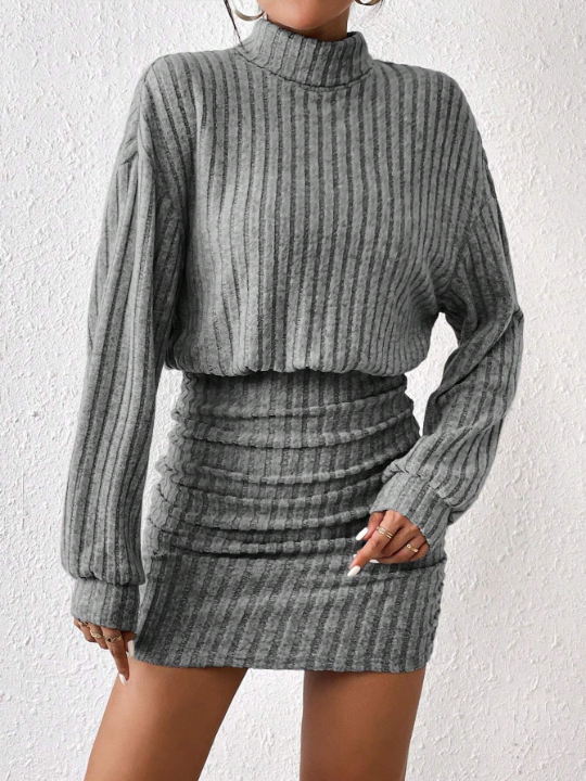 Frenchy Women's Stand Collar Ribbed Knit Sweater Textured Fabric Dress