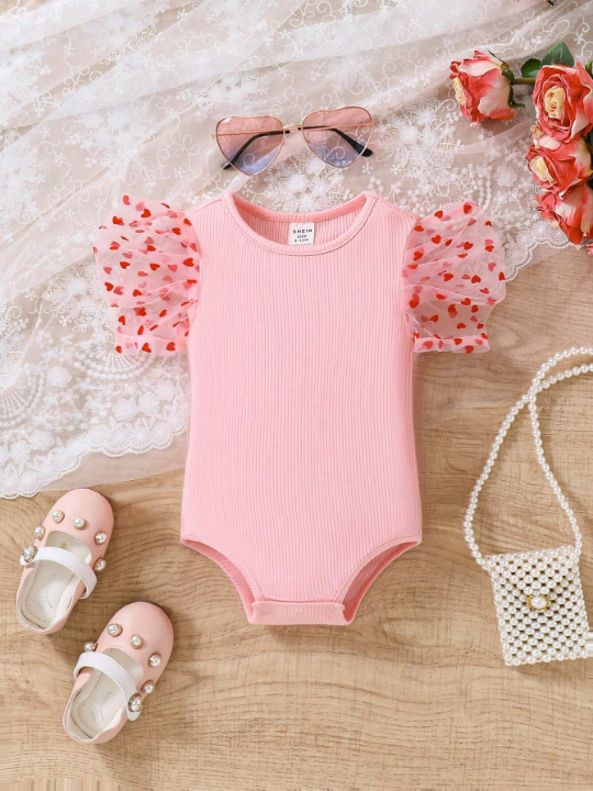 Baby Girl Pink Knitted Bodysuit With Heart Detail & Mesh Panel At Bottom