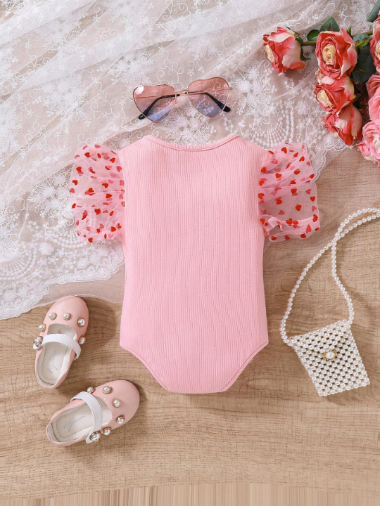 Baby Girl Pink Knitted Bodysuit With Heart Detail & Mesh Panel At Bottom