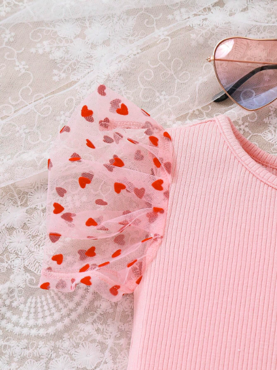 Baby Girl Pink Knitted Bodysuit With Heart Detail & Mesh Panel At Bottom