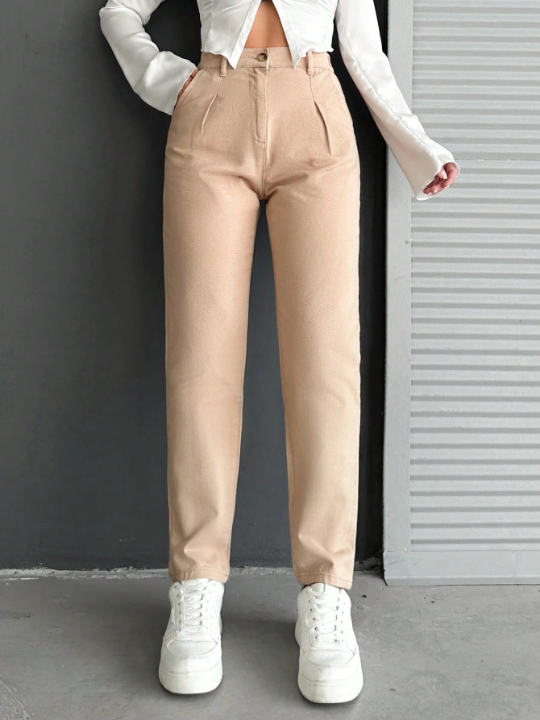 Frenchy Solid Fold Pleated Carrot Pants