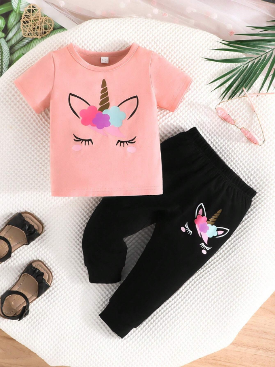 Baby Girls' Simple And Casual Spring/Summer New Unicorn Pattern Short Sleeve T-Shirt And Pants 2pcs Set