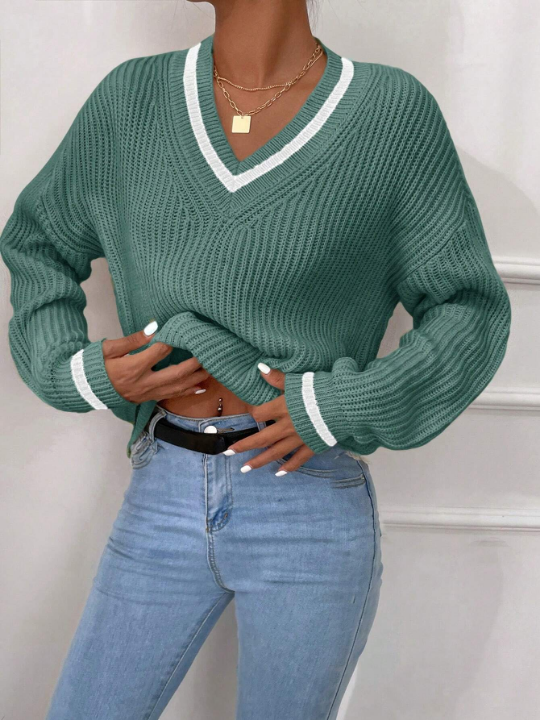 Frenchy Striped Trim Drop Shoulder Sweater