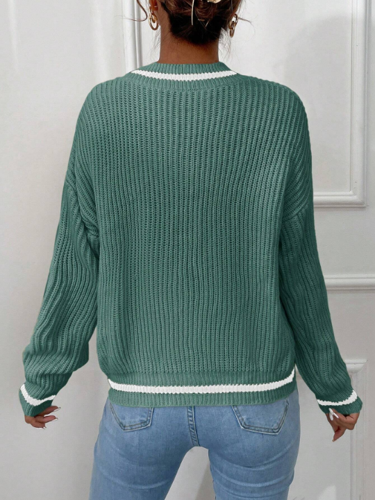 Frenchy Striped Trim Drop Shoulder Sweater