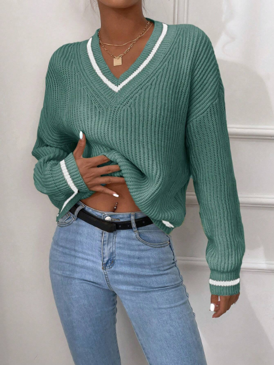 Frenchy Striped Trim Drop Shoulder Sweater