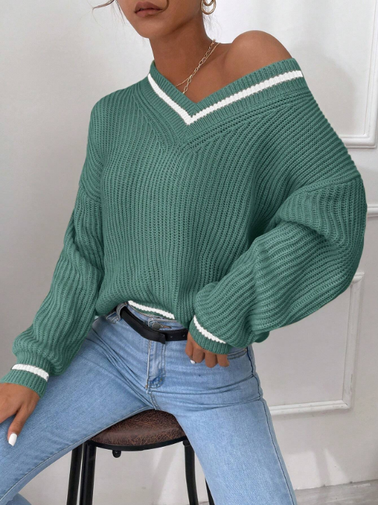 Frenchy Striped Trim Drop Shoulder Sweater