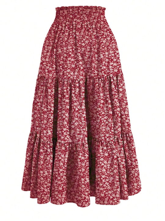 Floral Print Tiered Ruched Elastic Waist Vacation Skirts