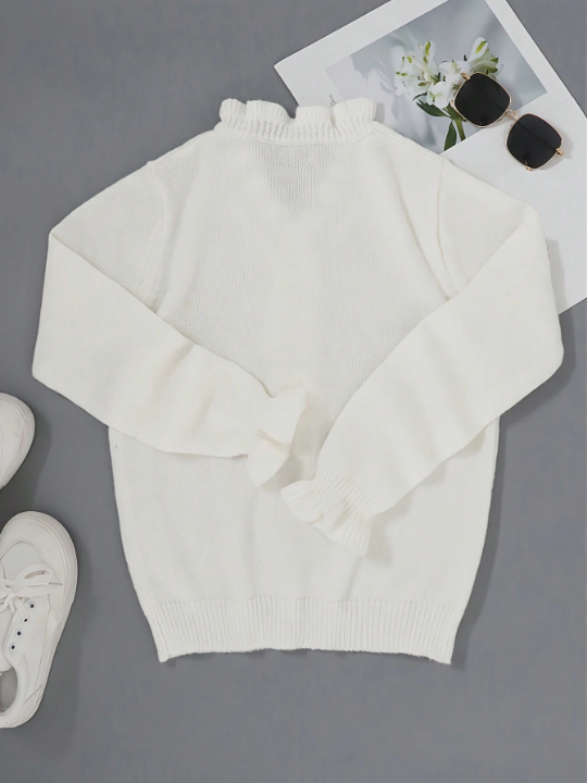 Women's Autumn/Winter Fashionable Solid Color Elegant Comfortable Long Sleeve Frilled Edge V-Neck Sweater