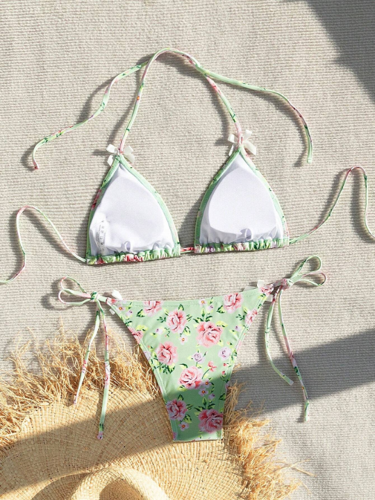 Women's Floral Pattern Halter Neck Swimsuit Set