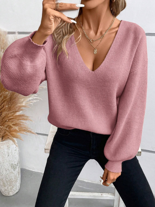 Frenchy Women's Lantern Sleeve Knitted Sweater With Back Bowknot