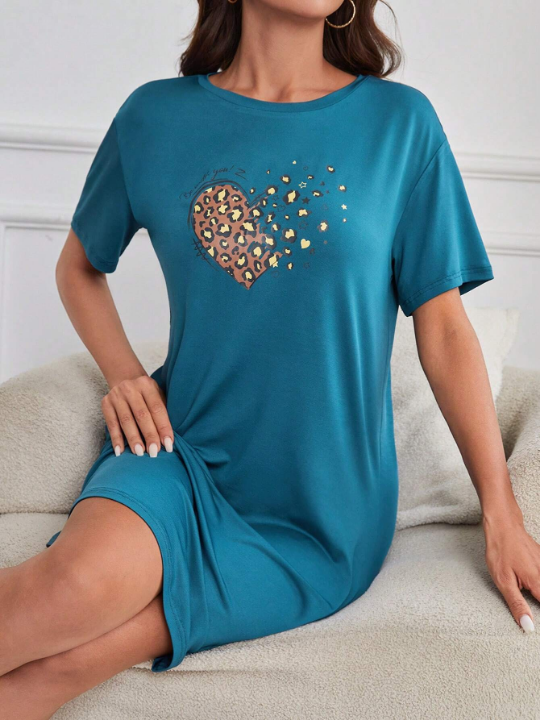 Women's Leopard Heart Print Sleep Dress