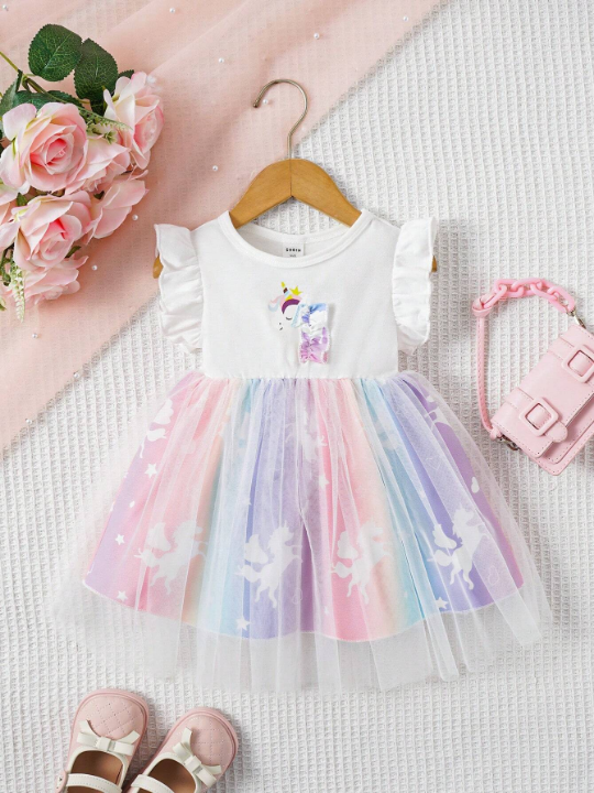 Baby Girl Unicorn Printed Mesh Splice Dress With Ruffle Hem