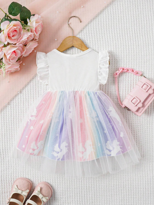 Baby Girl Unicorn Printed Mesh Splice Dress With Ruffle Hem