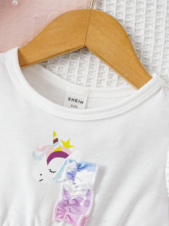 Baby Girl Unicorn Printed Mesh Splice Dress With Ruffle Hem