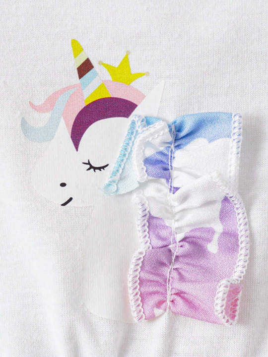 Baby Girl Unicorn Printed Mesh Splice Dress With Ruffle Hem