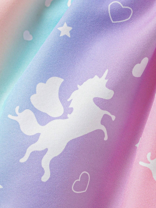 Baby Girl Unicorn Printed Mesh Splice Dress With Ruffle Hem