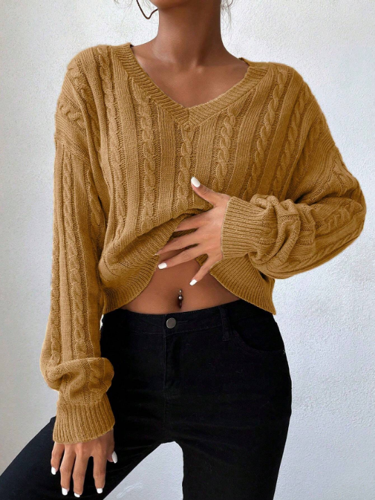 Frenchy Cable Knit Crop Sweater With V-Neckline