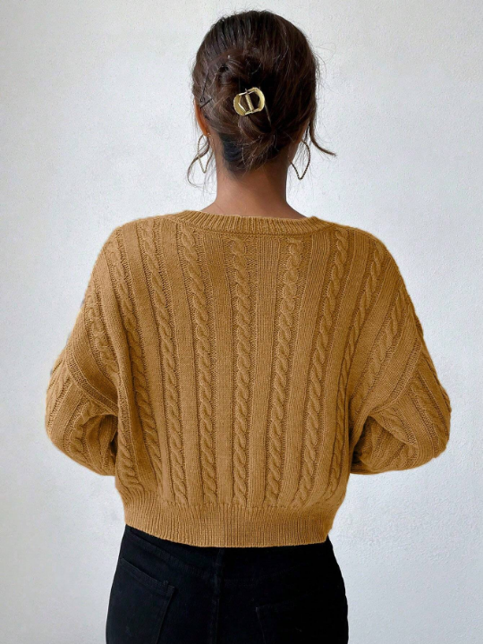 Frenchy Cable Knit Crop Sweater With V-Neckline