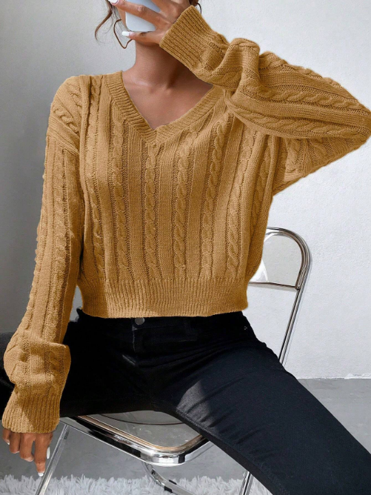 Frenchy Cable Knit Crop Sweater With V-Neckline