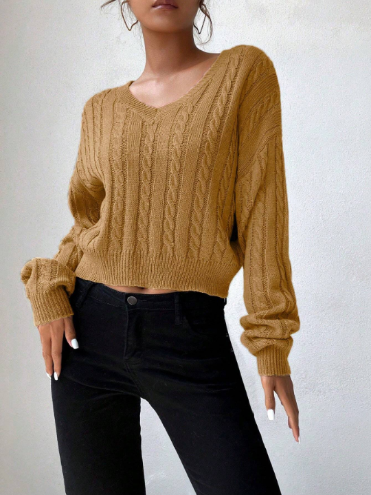 Frenchy Cable Knit Crop Sweater With V-Neckline