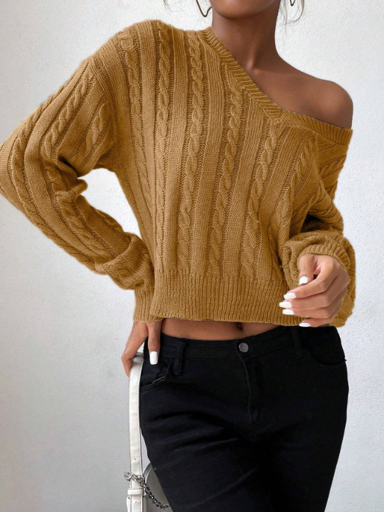 Frenchy Cable Knit Crop Sweater With V-Neckline