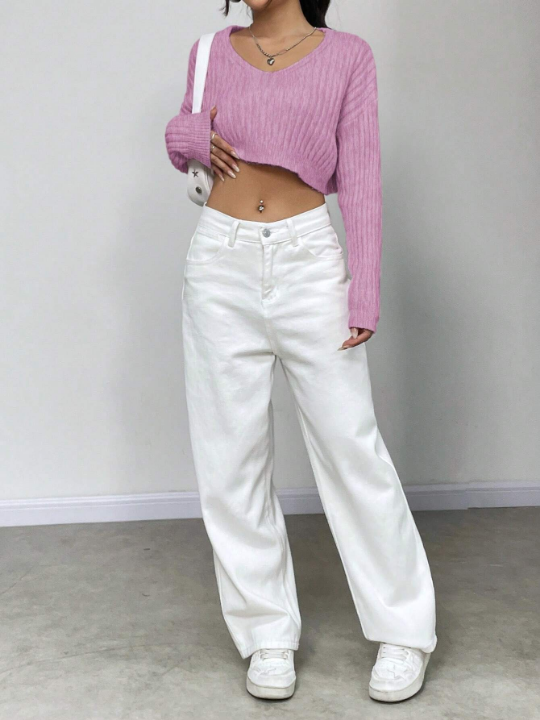 Solid Color Drop Shoulder Crop Sweater