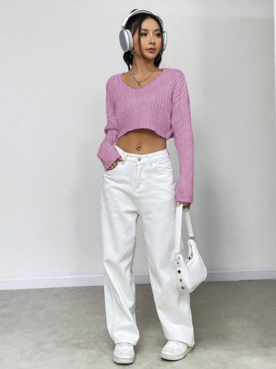 Solid Color Drop Shoulder Crop Sweater