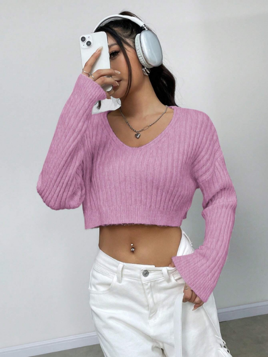 Solid Color Drop Shoulder Crop Sweater