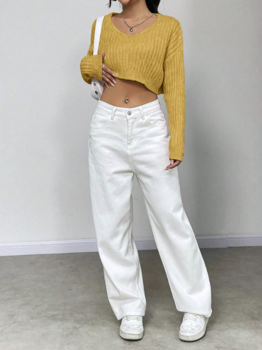 Solid Color Drop-Shoulder Cropped Sweater