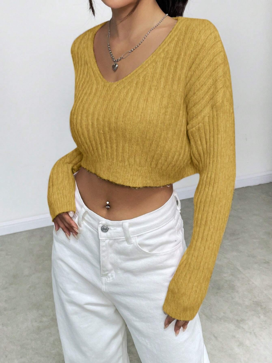 Solid Color Drop-Shoulder Cropped Sweater