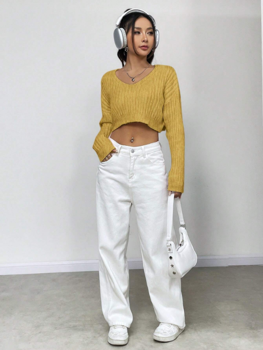 Solid Color Drop-Shoulder Cropped Sweater