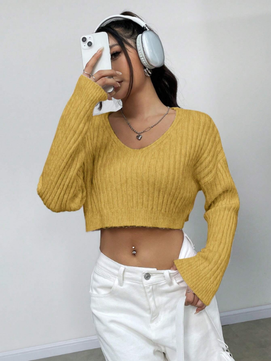 Solid Color Drop-Shoulder Cropped Sweater