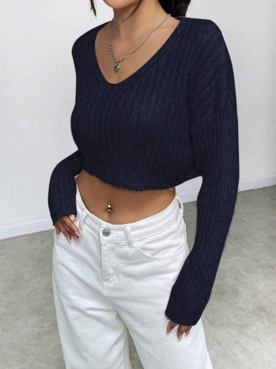 Solid Color Drop Shoulder Cropped Sweater