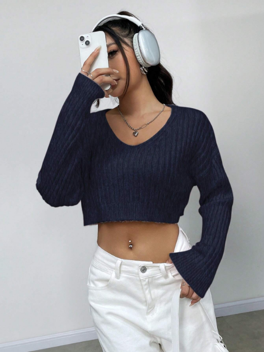 Solid Color Drop Shoulder Cropped Sweater