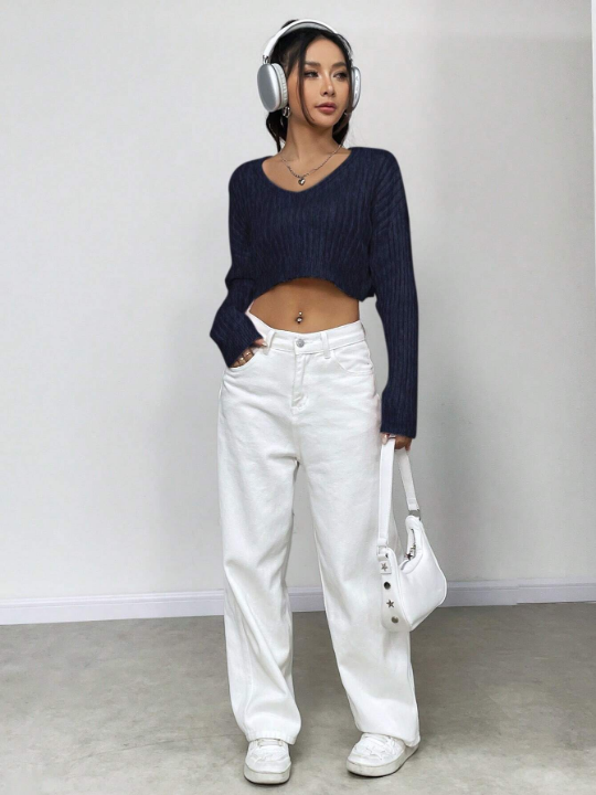 Solid Color Drop Shoulder Cropped Sweater