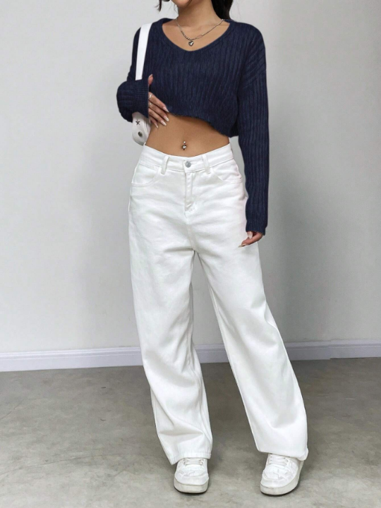 Solid Color Drop Shoulder Cropped Sweater