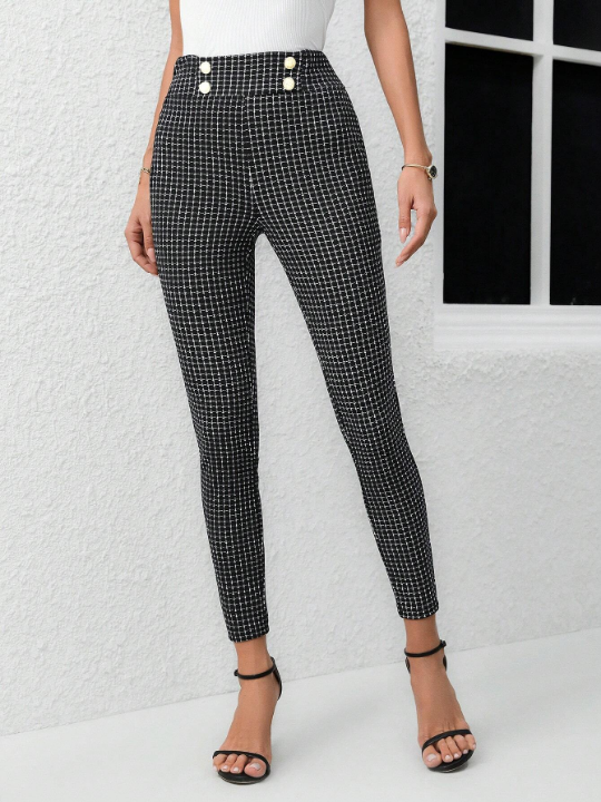 Clasi Double Breasted Decoration Plaid Skinny Pants