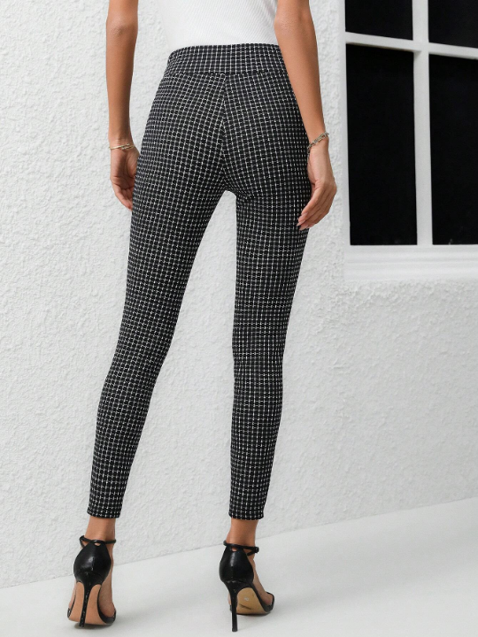 Clasi Double Breasted Decoration Plaid Skinny Pants