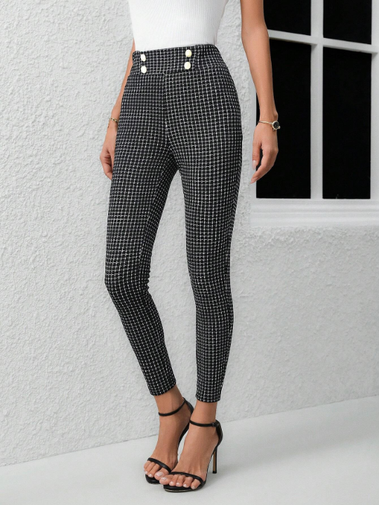 Clasi Double Breasted Decoration Plaid Skinny Pants