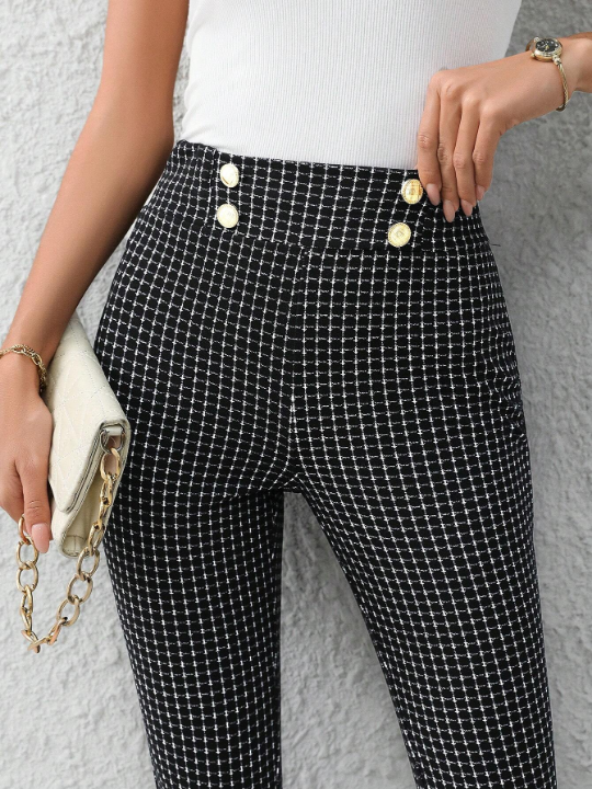 Clasi Double Breasted Decoration Plaid Skinny Pants