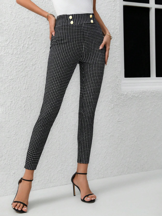 Clasi Double Breasted Decoration Plaid Skinny Pants