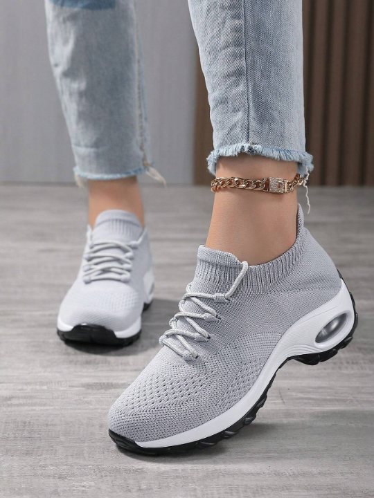 Women's Flying Woven Breathable Athletic Sneakers With Air Cushion, Lace-Up Outdoor Mesh Sneakers, Comfy Running Shoes