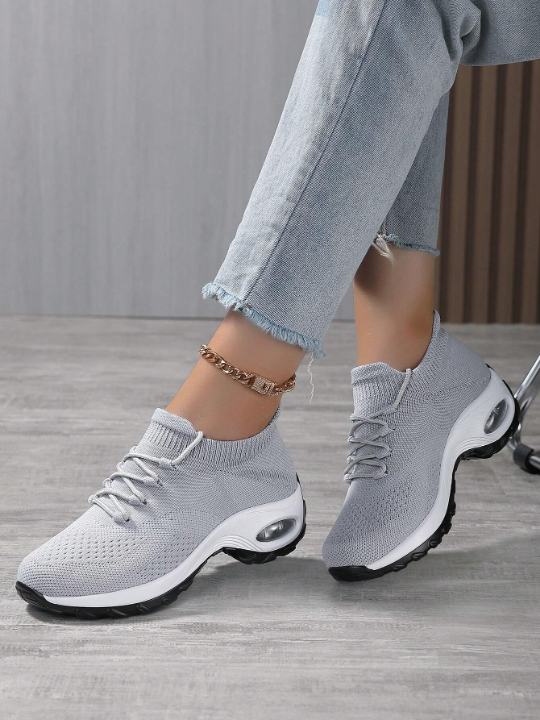 Women's Flying Woven Breathable Athletic Sneakers With Air Cushion, Lace-Up Outdoor Mesh Sneakers, Comfy Running Shoes