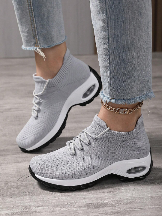 Women's Flying Woven Breathable Athletic Sneakers With Air Cushion, Lace-Up Outdoor Mesh Sneakers, Comfy Running Shoes