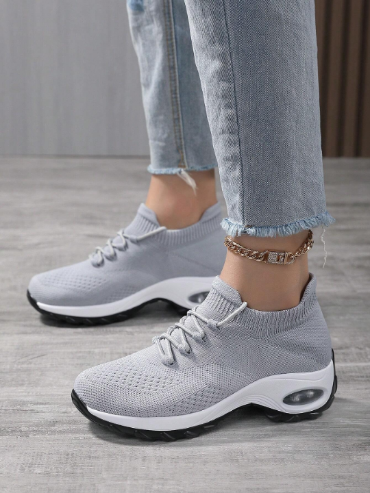 Women's Flying Woven Breathable Athletic Sneakers With Air Cushion, Lace-Up Outdoor Mesh Sneakers, Comfy Running Shoes