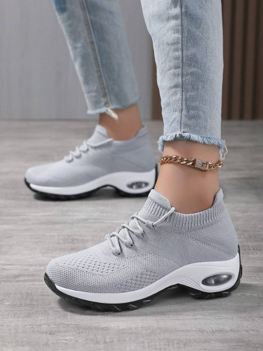 Women's Flying Woven Breathable Athletic Sneakers With Air Cushion, Lace-Up Outdoor Mesh Sneakers, Comfy Running Shoes