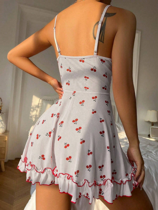 Embroidered Flower Applique Cami Sleep Dress With Ruffle Hem